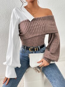 SHEIN Essnce 撞色不對稱領燈籠袖上衣