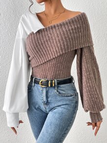 SHEIN Essnce 撞色不對稱領燈籠袖上衣