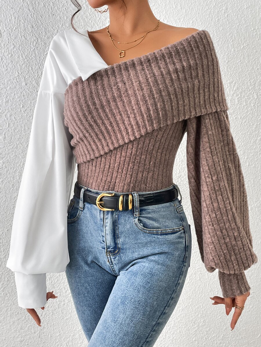 SHEIN Essnce 撞色不對稱領燈籠袖上衣