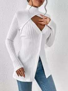 SHEIN Privé 小高領前鏤空紐扣細節條紋針織假兩入組T恤 - 白色 - 查看 4