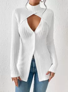 SHEIN Privé 小高領前鏤空紐扣細節條紋針織假兩入組T恤 - 白色 - 查看 5