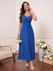 Solid Ruched Backless Cami Bridesmaid Dress - Blue - View 1