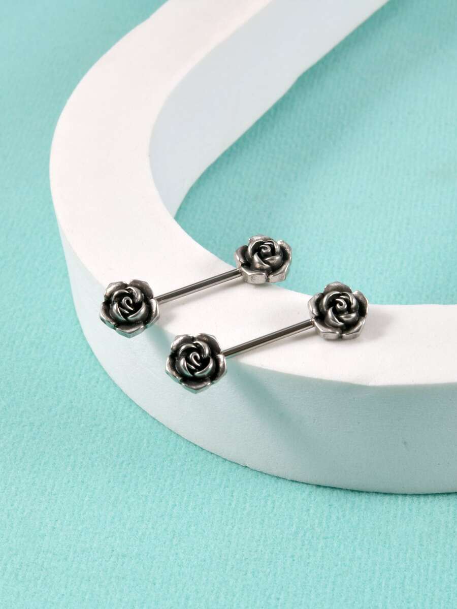 2pcs/set Flower Decor Nipple Ring - Antique Silver - View 1