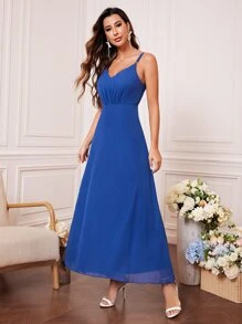 Solid Ruched Backless Cami Bridesmaid Dress - Blue - View 3