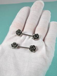 2pcs/set Flower Decor Nipple Ring - Antique Silver - View 2