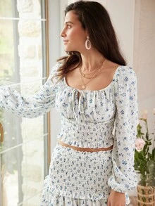 SHEIN Frenchy Ditsy Floral Print Knot Front Lantern Sleeve Ruffle Hem Blouse - White - View 4