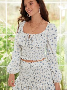 SHEIN Frenchy Ditsy Floral Print Knot Front Lantern Sleeve Ruffle Hem Blouse - White - View 6