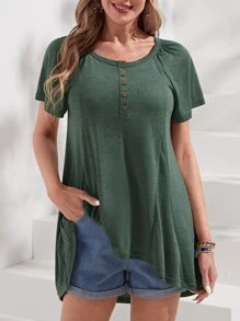 EMERY ROSE Half Button Raglan Sleeve Dip Hem Tee - Army Green - View 1