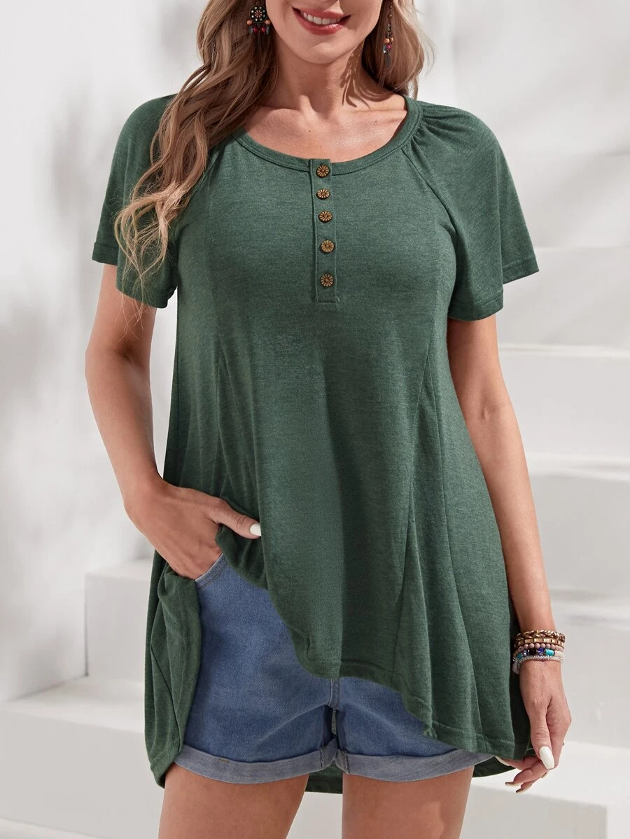 EMERY ROSE Half Button Raglan Sleeve Dip Hem Tee - Army Green - View 1