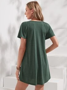 EMERY ROSE Half Button Raglan Sleeve Dip Hem Tee - Army Green - View 2