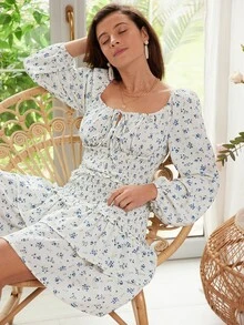 SHEIN Frenchy Ditsy Floral Print Knot Front Lantern Sleeve Ruffle Hem Blouse - White - View 7