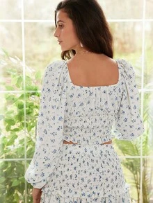 SHEIN Frenchy Ditsy Floral Print Knot Front Lantern Sleeve Ruffle Hem Blouse - White - View 9