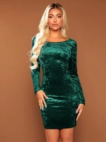 SHEIN BAE Draped Back Velvet Bodycon Dress - Dark Green - View 5