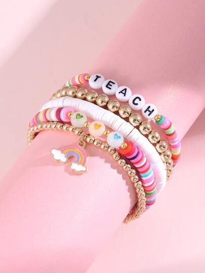 5入組/套隨機字母細節彩虹吊墜串珠手鏈