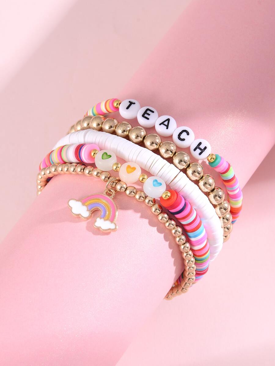 5入組/套隨機字母細節彩虹吊墜串珠手鏈