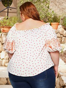 SHEIN CURVE+ Plus Heart & Floral Print Puff Sleeve Blouse - Multicolor - View 2
