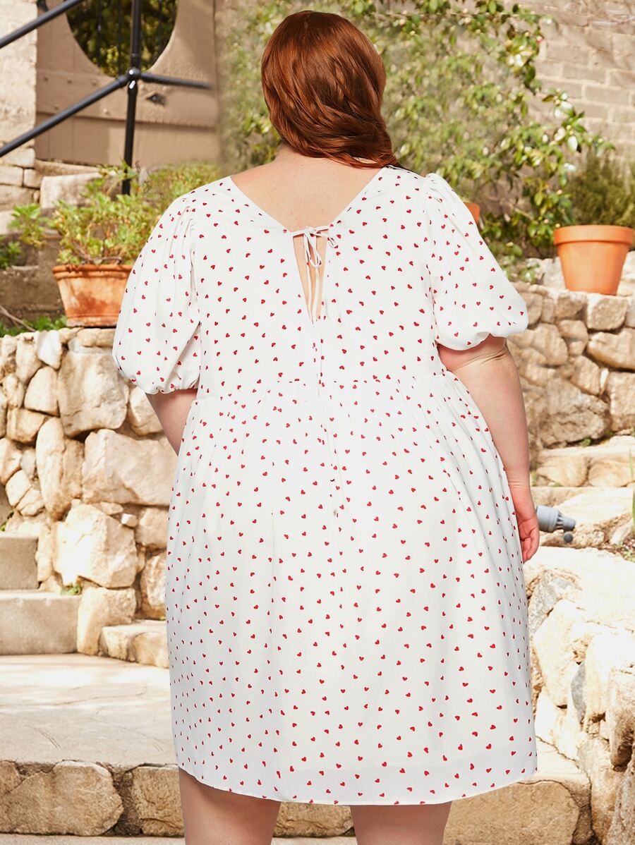 SHEIN CURVE+ Plus Heart & Floral Print Puff Sleeve Dress - White - View 1