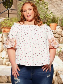 SHEIN CURVE+ Plus Heart & Floral Print Puff Sleeve Blouse - Multicolor - View 7