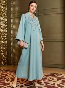 Layrah Rhinestone Detail Notched Neckline Modest Maxi Length Dress Elegant Luxury Long Sleeve Arabian Dress, Kaftan