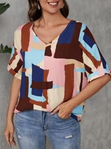 SHEIN LUNE 幾何印花V領襯衫 - 彩色 - 查看 3