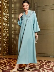 Layrah Rhinestone Detail Notched Neckline Modest Maxi Length Dress Elegant Luxury Long Sleeve Arabian Dress, Kaftan