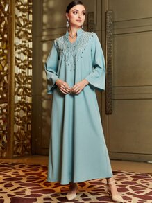 Layrah Rhinestone Detail Notched Neckline Modest Maxi Length Dress Elegant Luxury Long Sleeve Arabian Dress, Kaftan