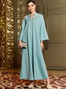 Layrah Rhinestone Detail Notched Neckline Modest Maxi Length Dress Elegant Luxury Long Sleeve Arabian Dress, Kaftan