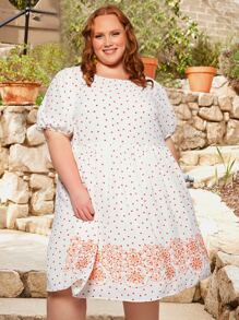 SHEIN CURVE+ Plus Heart & Floral Print Puff Sleeve Dress - White - View 6