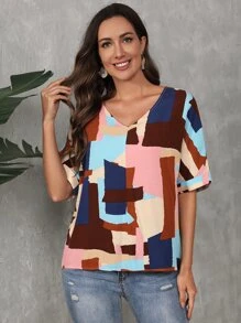 SHEIN LUNE 幾何印花V領襯衫 - 彩色 - 查看 5