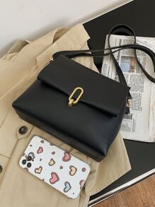 Bolsa cuadrada minimalista con solapa - Negro - Ver 6
