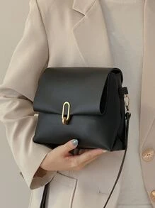 Bolsa cuadrada minimalista con solapa - Negro - Ver 7