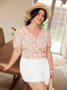 SHEIN Frenchy 大碼碎花泡泡袖襯衫 - 彩色 - 查看 6