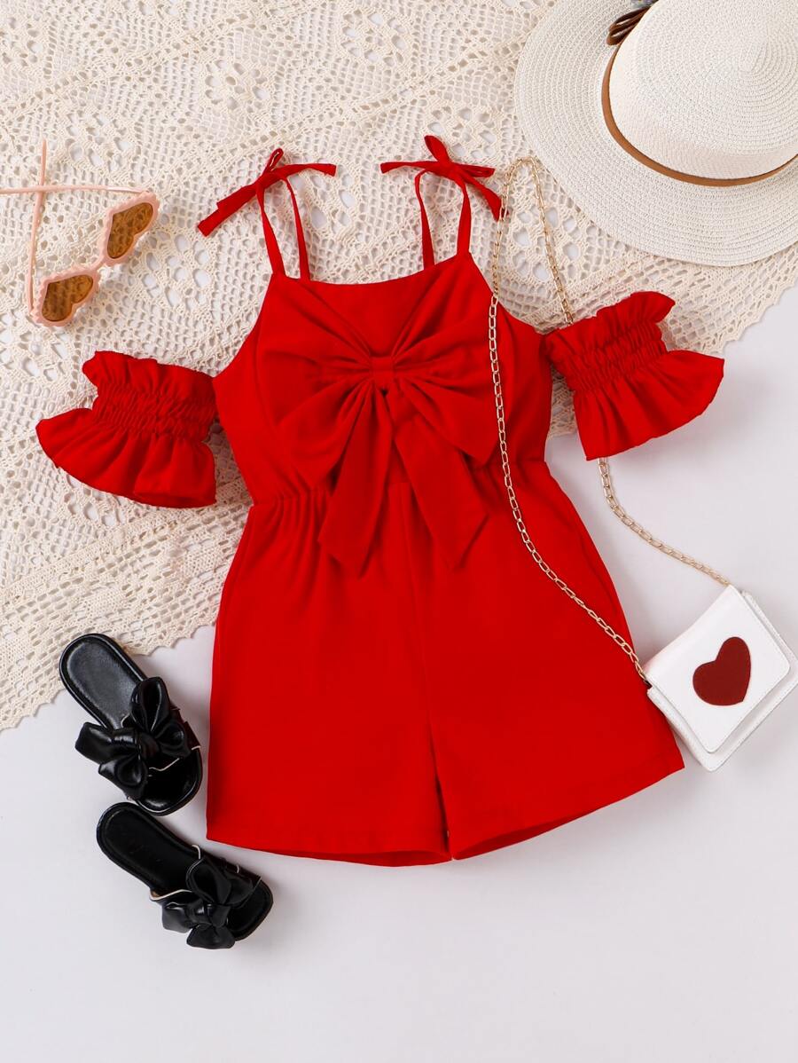 Toddler Girls Cold Shoulder Big Bow Front Romper - Red - View 1
