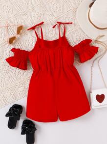 Toddler Girls Cold Shoulder Big Bow Front Romper - Red - View 2