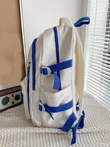 Letter Patch Decor Functional Backpack With Bag Charm - Blue and White - View 4