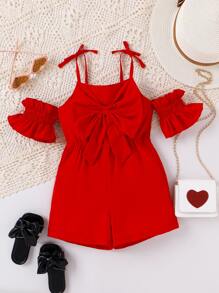 Toddler Girls Cold Shoulder Big Bow Front Romper - Red - View 3