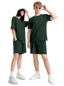 Manfinity Men Solid Tee & Shorts - Dark Green - View 7