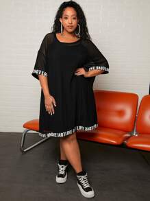 SHEIN CURVE+ Vestido panel con cinta con letra de malla en contraste de manga raglán - Negro - Ver 5