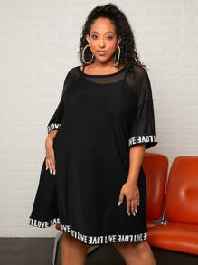 SHEIN CURVE+ Vestido panel con cinta con letra de malla en contraste de manga raglán - Negro - Ver 6