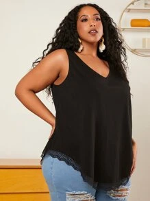 SHEIN CURVE+ Plus Lace Trim Tank Top - Black - View 3