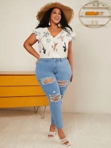 SHEIN CURVE+ Blusa con estampado de cactus ribete con fruncido - Blanco - Ver 4