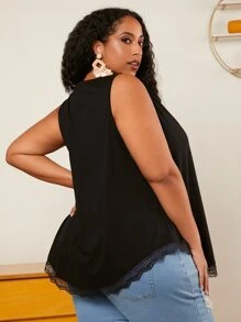 SHEIN CURVE+ Plus Lace Trim Tank Top - Black - View 2