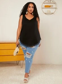 SHEIN CURVE+ Plus Lace Trim Tank Top - Black - View 4