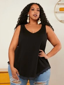 SHEIN CURVE+ Plus Lace Trim Tank Top - Black - View 5