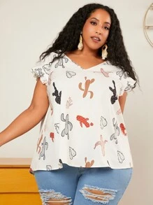 SHEIN CURVE+ Blusa con estampado de cactus ribete con fruncido - Blanco - Ver 6