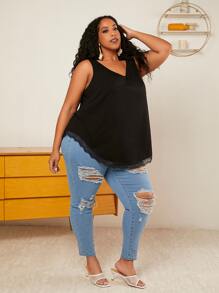 SHEIN CURVE+ Plus Lace Trim Tank Top - Black - View 6