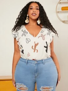SHEIN CURVE+ Blusa con estampado de cactus ribete con fruncido - Blanco - Ver 7