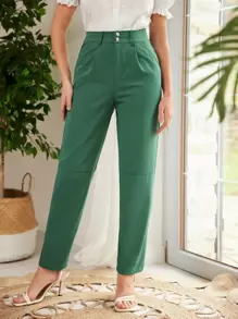 SHEIN Frenchy Solid Slant Pocket Trousers - Green - View 1