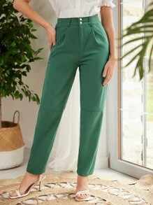SHEIN Frenchy Solid Slant Pocket Trousers - Green - View 7