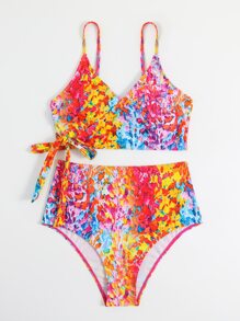 Allover Print Knot Side Summer Beach Bikini Set - Multicolor - View 4